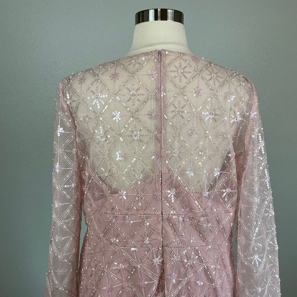 Mac Duggal 68003 Pink Cocktail Dress Sequined Long Sleeve A-Line Midi Size 18 - Picture 10 of 13